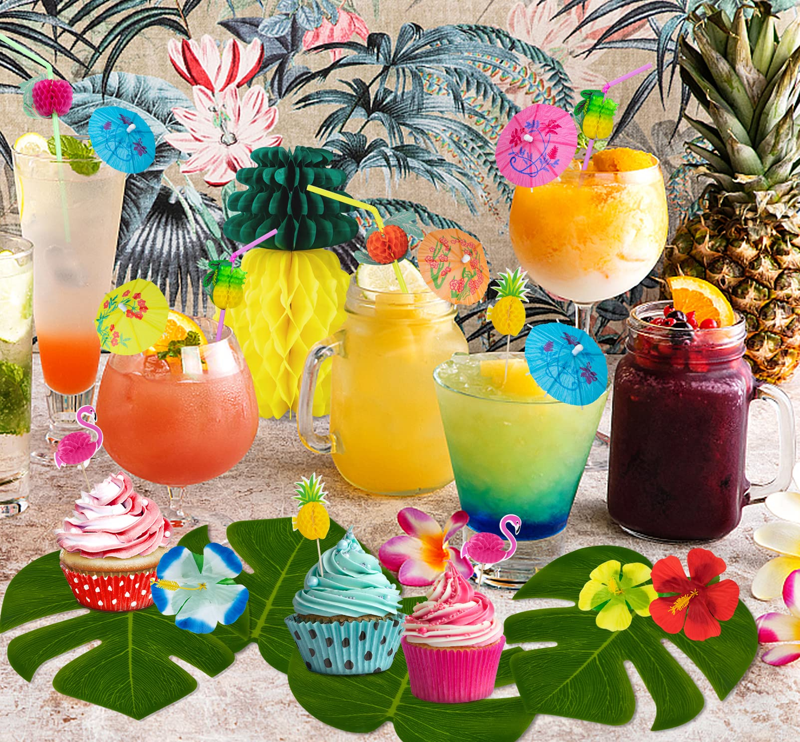 (78-tlg. Set) Sommer Party Dekoration Tischrock / Strohhalme / Fruchtspiesse / Palmblätter / Deko Blumen - Tropical Hawaii