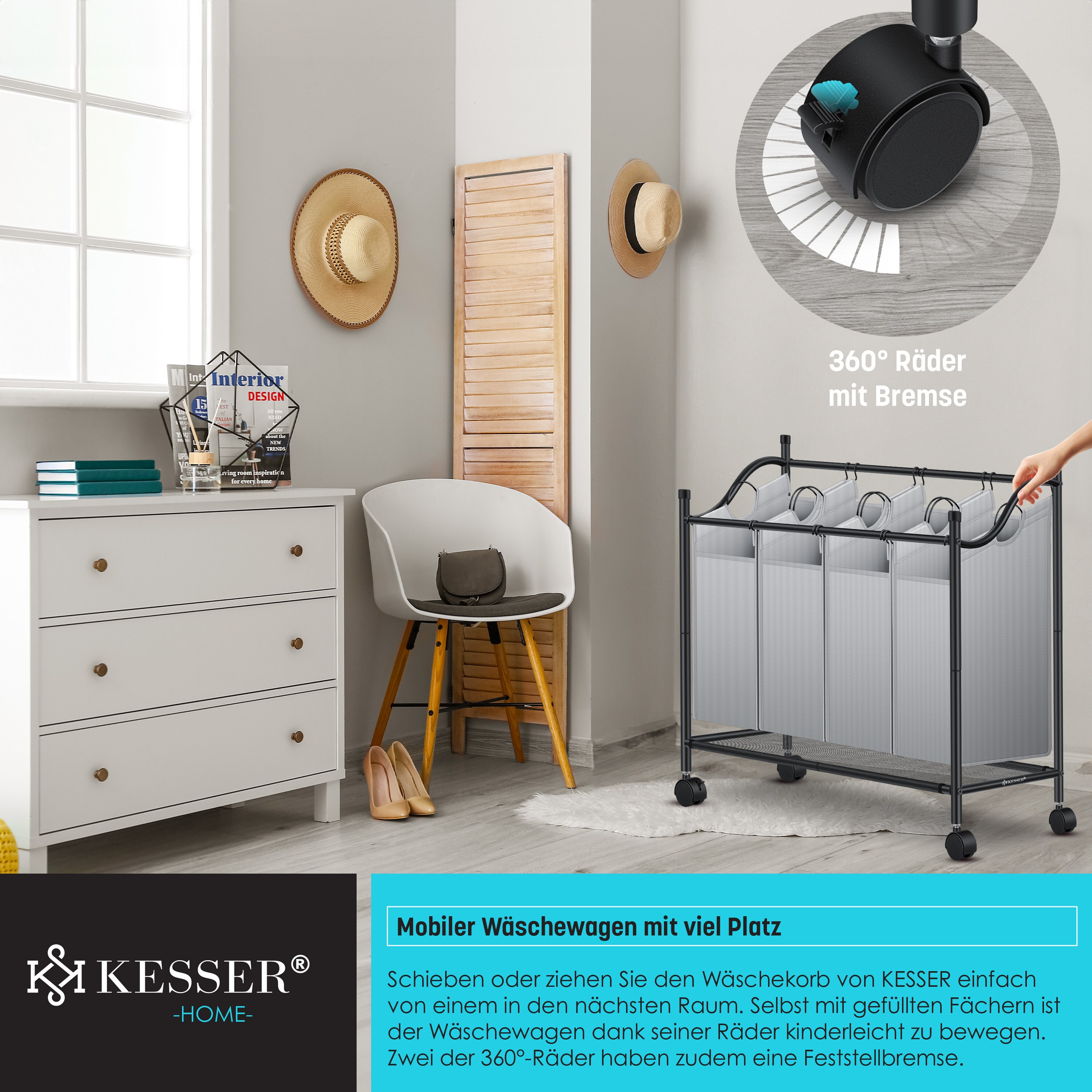 KESSER® Wäschekorb Wäschesammler Wäschesortierer mit abnehmbaren Stofftaschen | Wäschebox mit 12 Waschhinweisen 360° Rollen mit Bremse Wäsche-Sortiersystem Wäschewagen