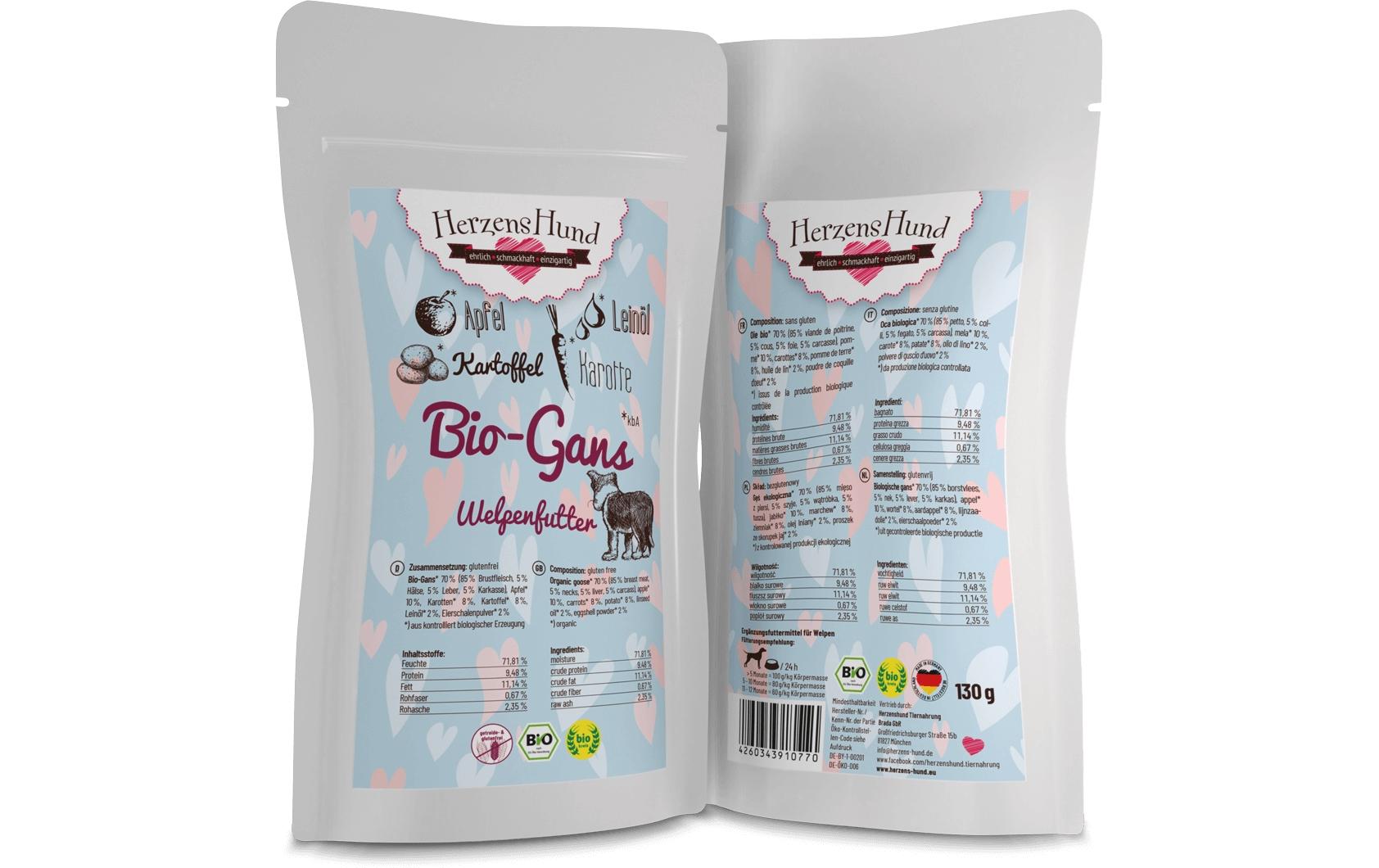 Nassfutter Welpe Bio-Gans mit Bio-Apfel, 130 gPremium Bio-Ergänzungsfuttermittel für Welpen