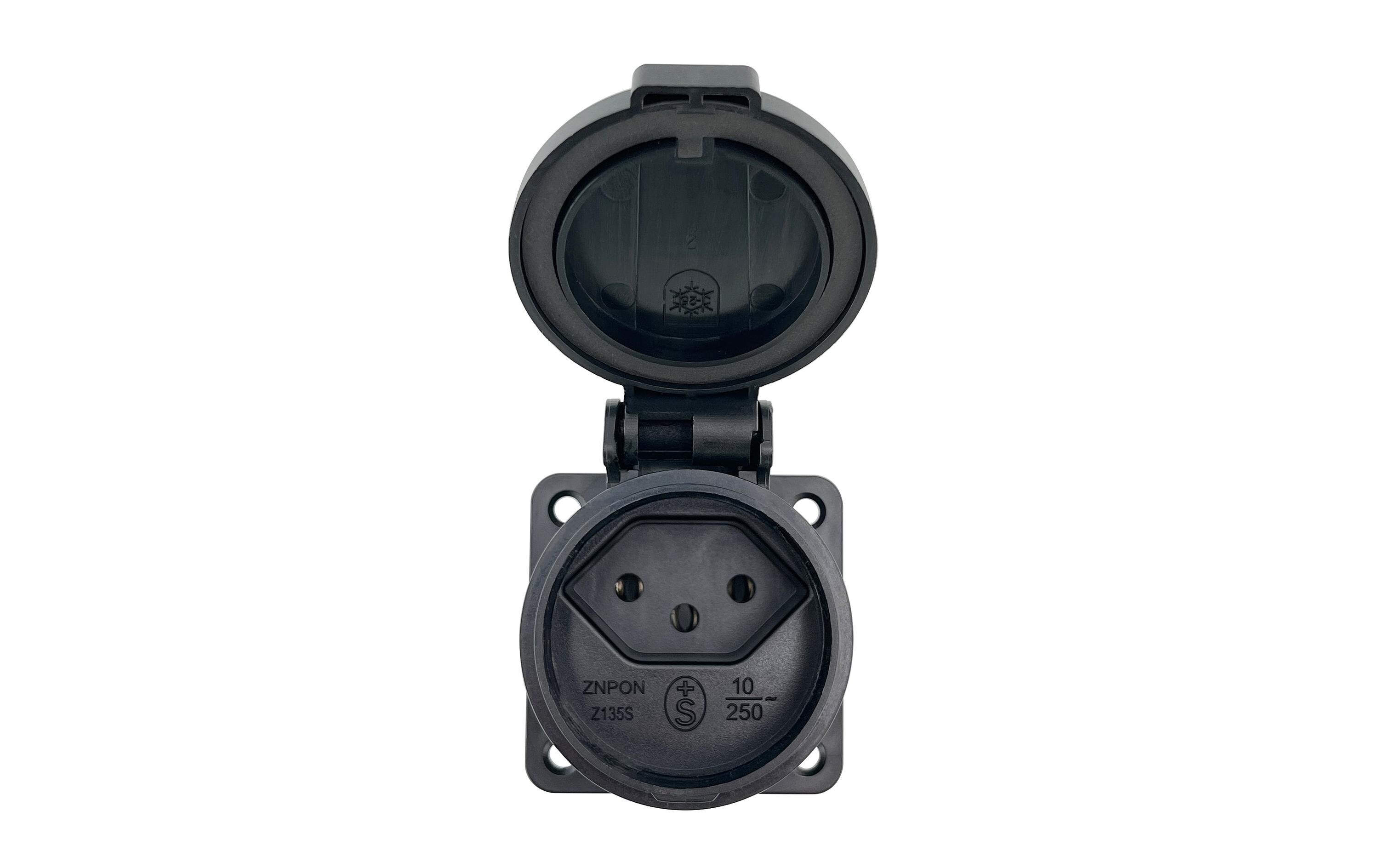 Einbausteckdose T13 IP55 mit Klappdeckel, SchwarzMontagesteckdose Typ 13, IP55