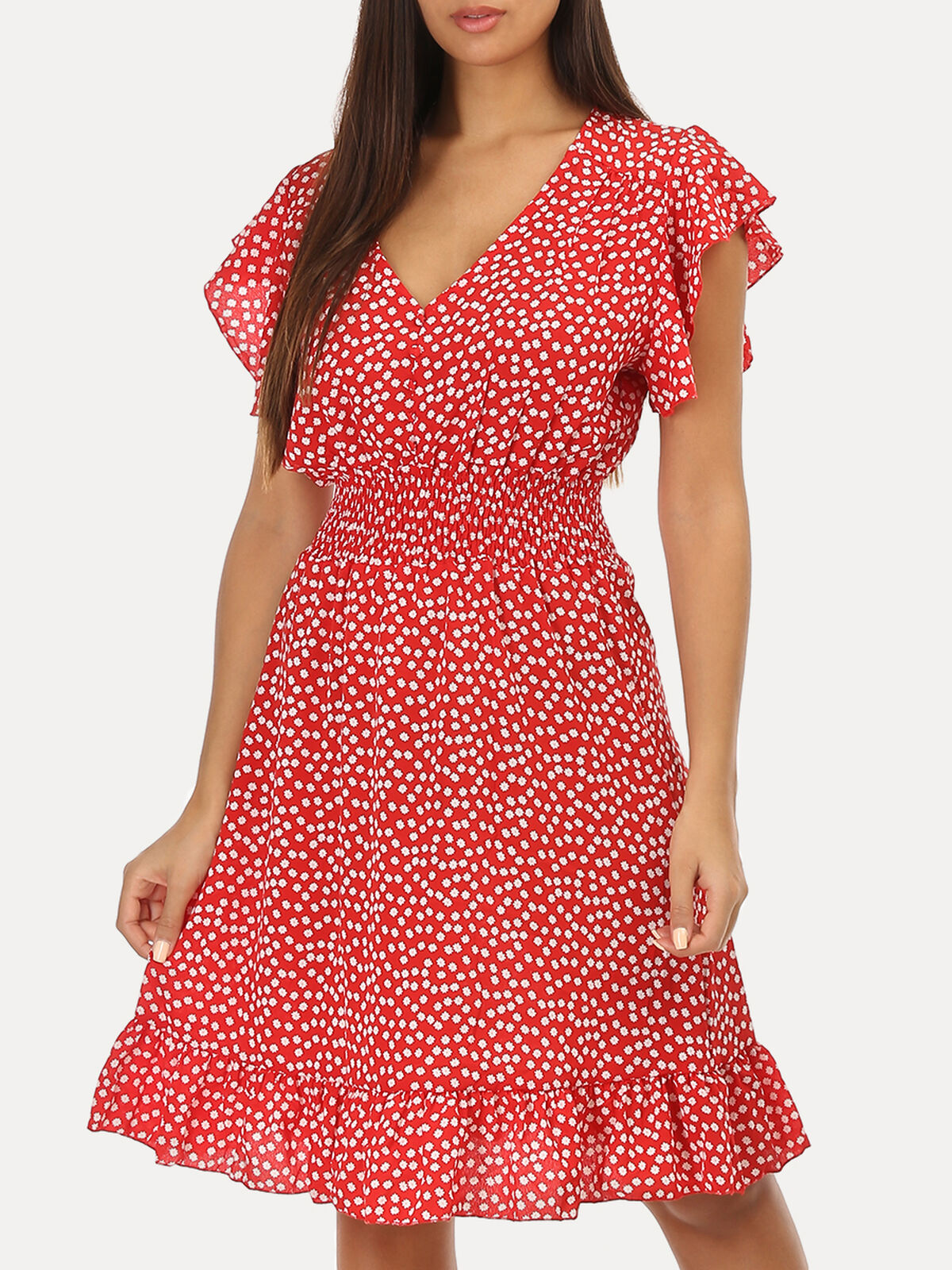 Robe à fleurs et volants- Rouge