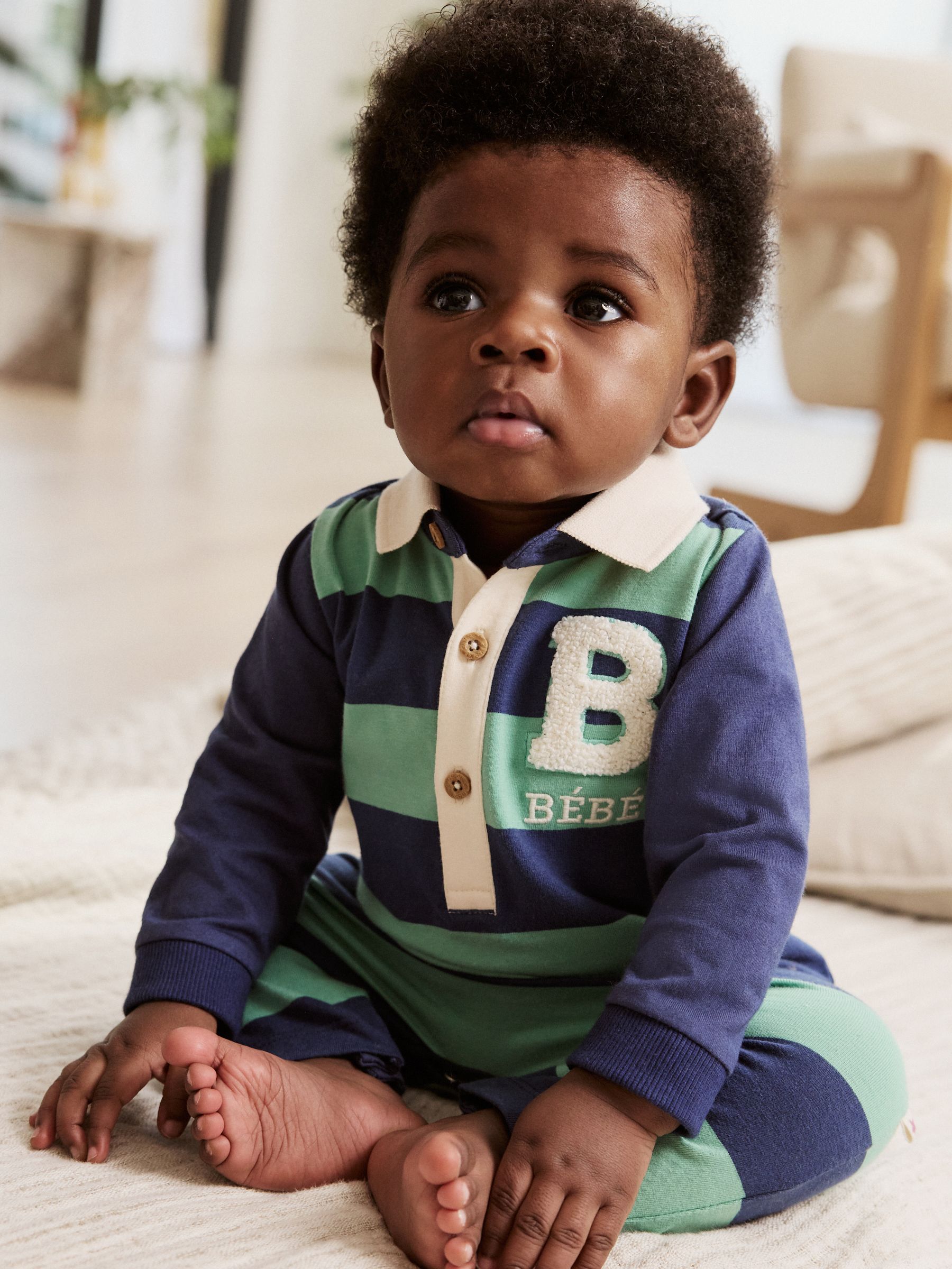 Blauw/groen gestreept - Set van 2 jersey babyrompers met kraag