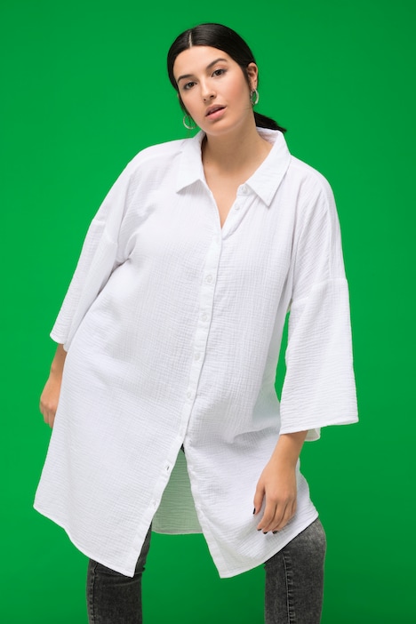 Long-Musselinhemd, oversized, Hemdkragen, Halbarm