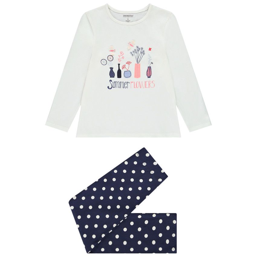 Pyjama 2 pièces en jersey t-shirt manches longues et pantalon pour fille - Ecru