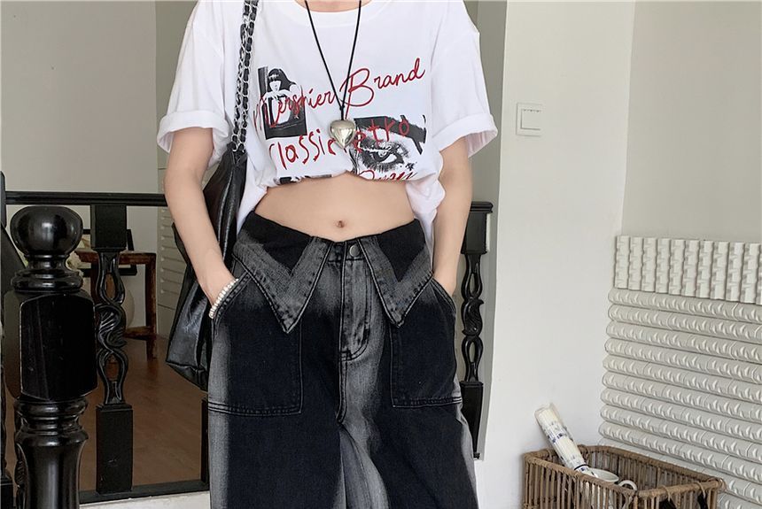 AXEN - Middelhoge taille contrasterende rand wijde pijpen jeans