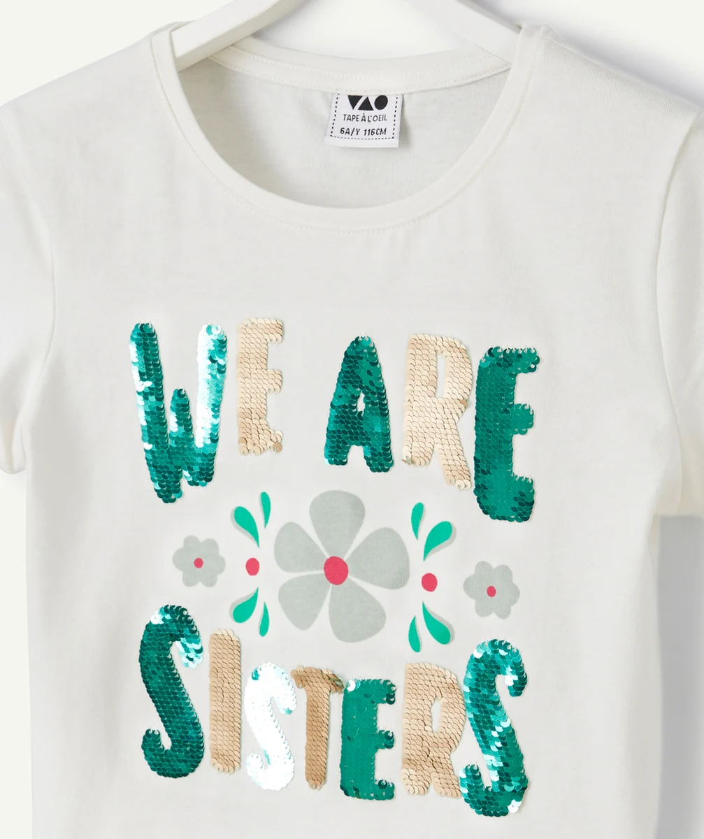 T-SHIRT FILLE EN COTON BIO BLANC AVEC MESSAGE EN SEQUINS RÉVERSIBLES