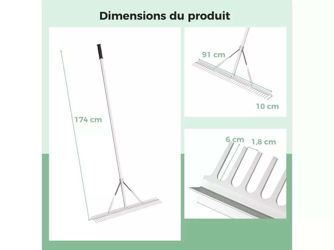 Râteau de Jardin en Aluminium avec Large Tête de 91 cm, Rateau de Paysage avec Manche de 174 cm de Long et 36 Dents, Outils de Jardin pour Bord du Lac Étang et Plage