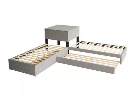 Lit gigogne 90x200 cm lit d'angle deux lits simples lit fonctionnel avec espace de rangement avec armoire et tiroir Lin Gris
