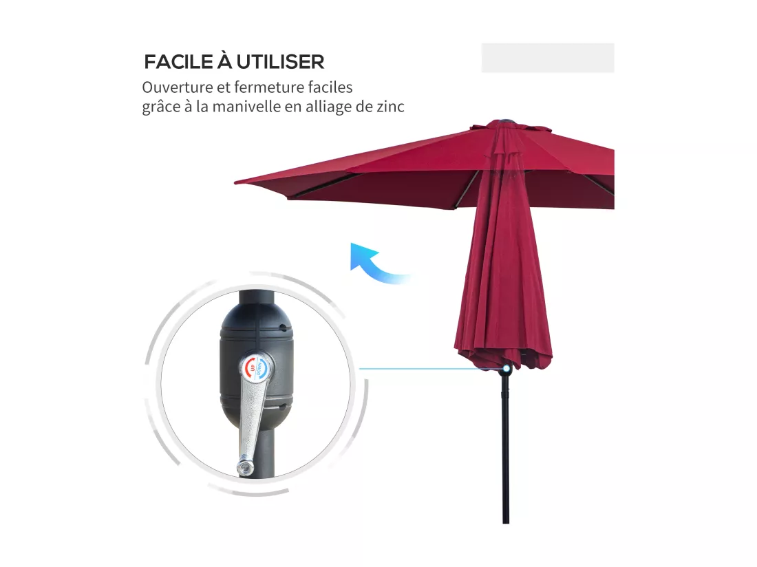 Parasol en métal rond polyester 180g/m² manivelle inclinable Ø 3 x 2,45 m bordeaux