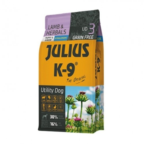 Ração Julius K-9 para filhotes e cães jovens, sabor cordeiro e ervas.