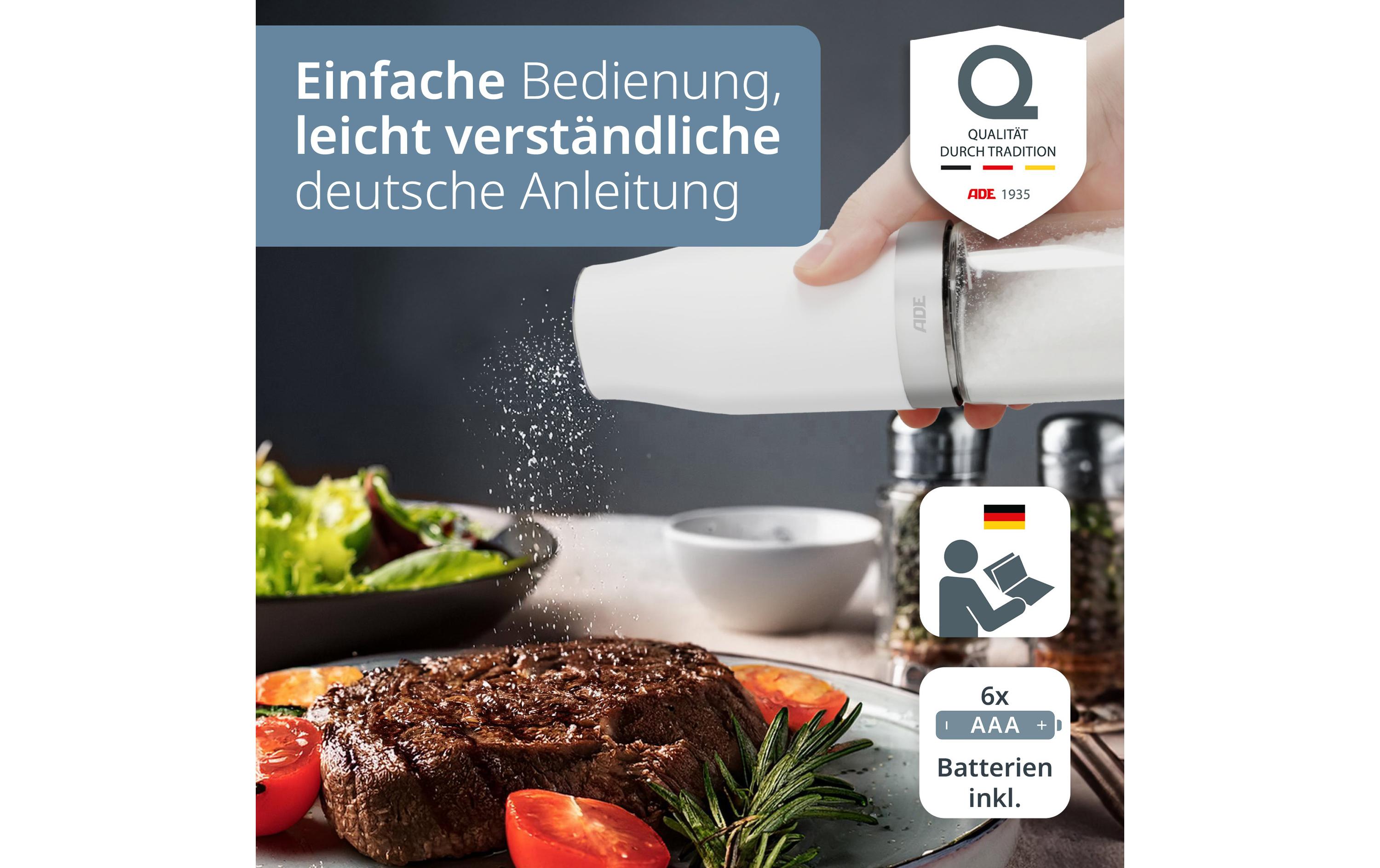 Salz- und Pfeffermühle 18.3 cm, WeissElektrische Salz- und Pfeffermühle mit Kipp-Sensor