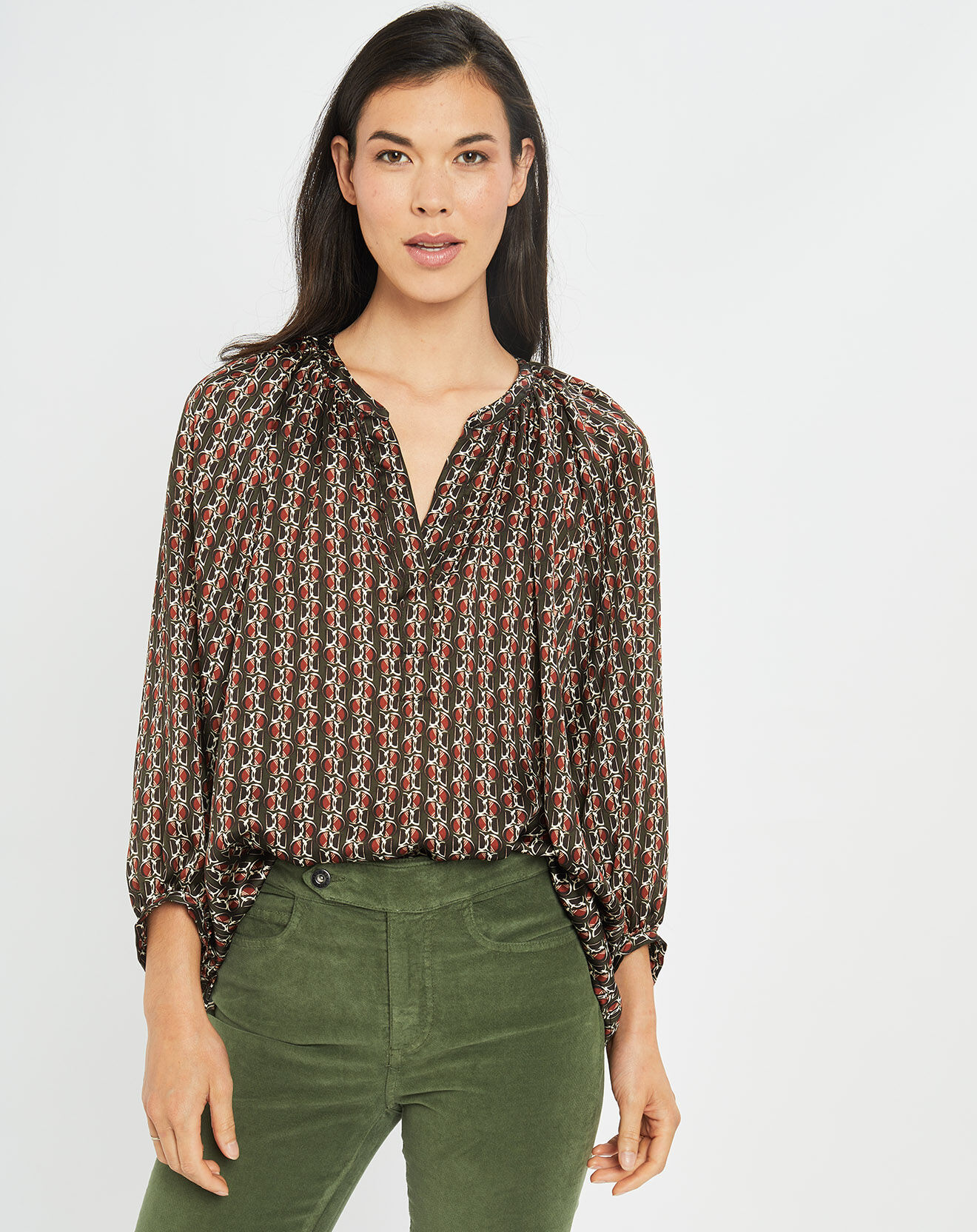 Lauren Vidal Blouse satinée Ciara imprimée forest kaki/marron