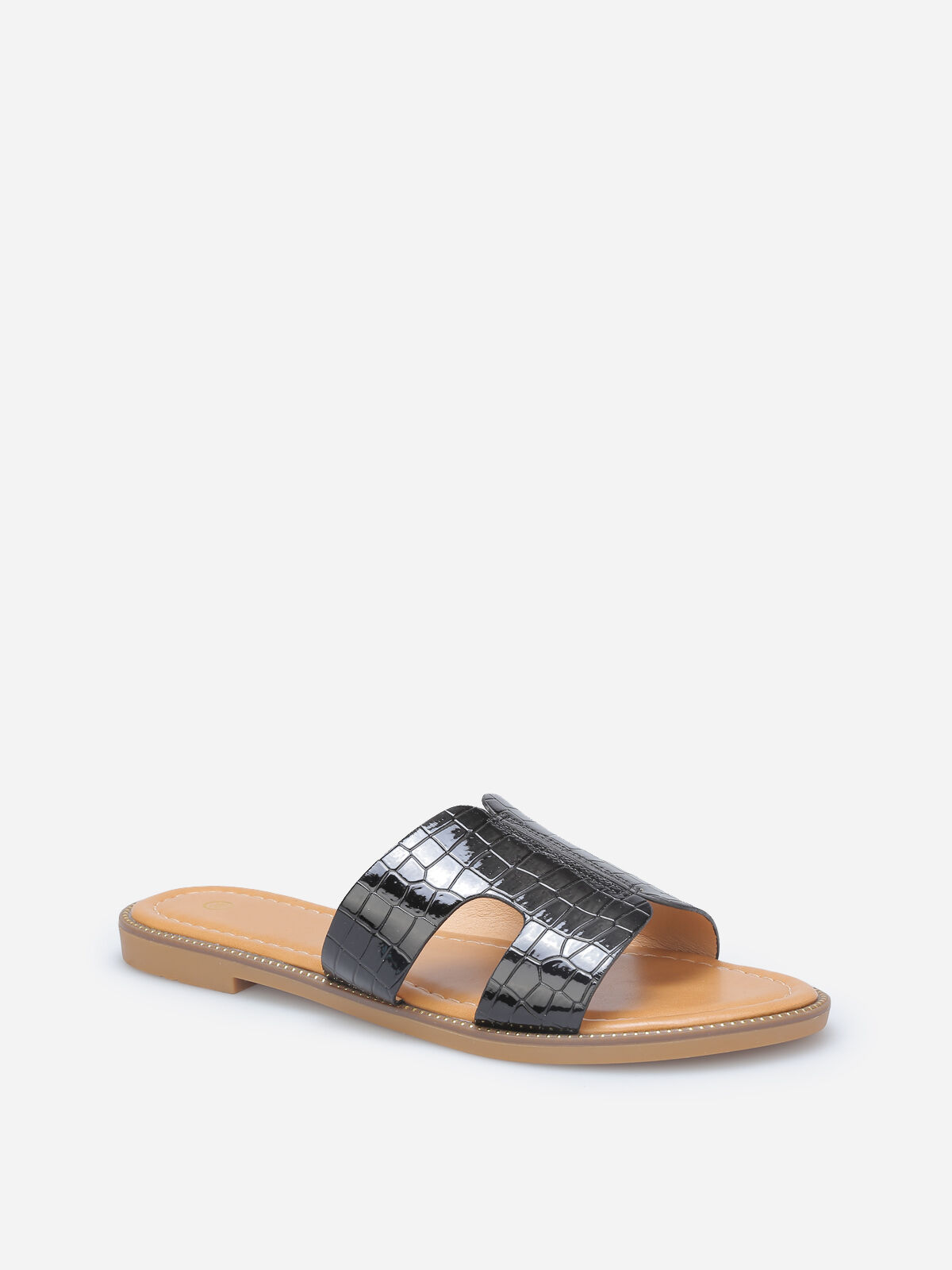 Mules plates à bride texturée- Noir