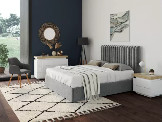 Lit coffre 160 x 200 cm avec tête de lit coutures verticales - Tissu - Gris - SARAH