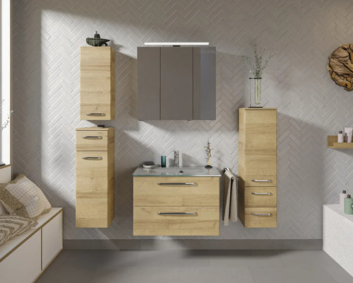 Pelipal Kumba badkamermeubelset (B x H x D): 137 x 200 x 50 cm, frontkleur: Riviera eiken, 5-delige set bestaande uit witte glazen wastafel, hoge kast, onderkast en bovenkast (artikelnr. 99.770326473)
