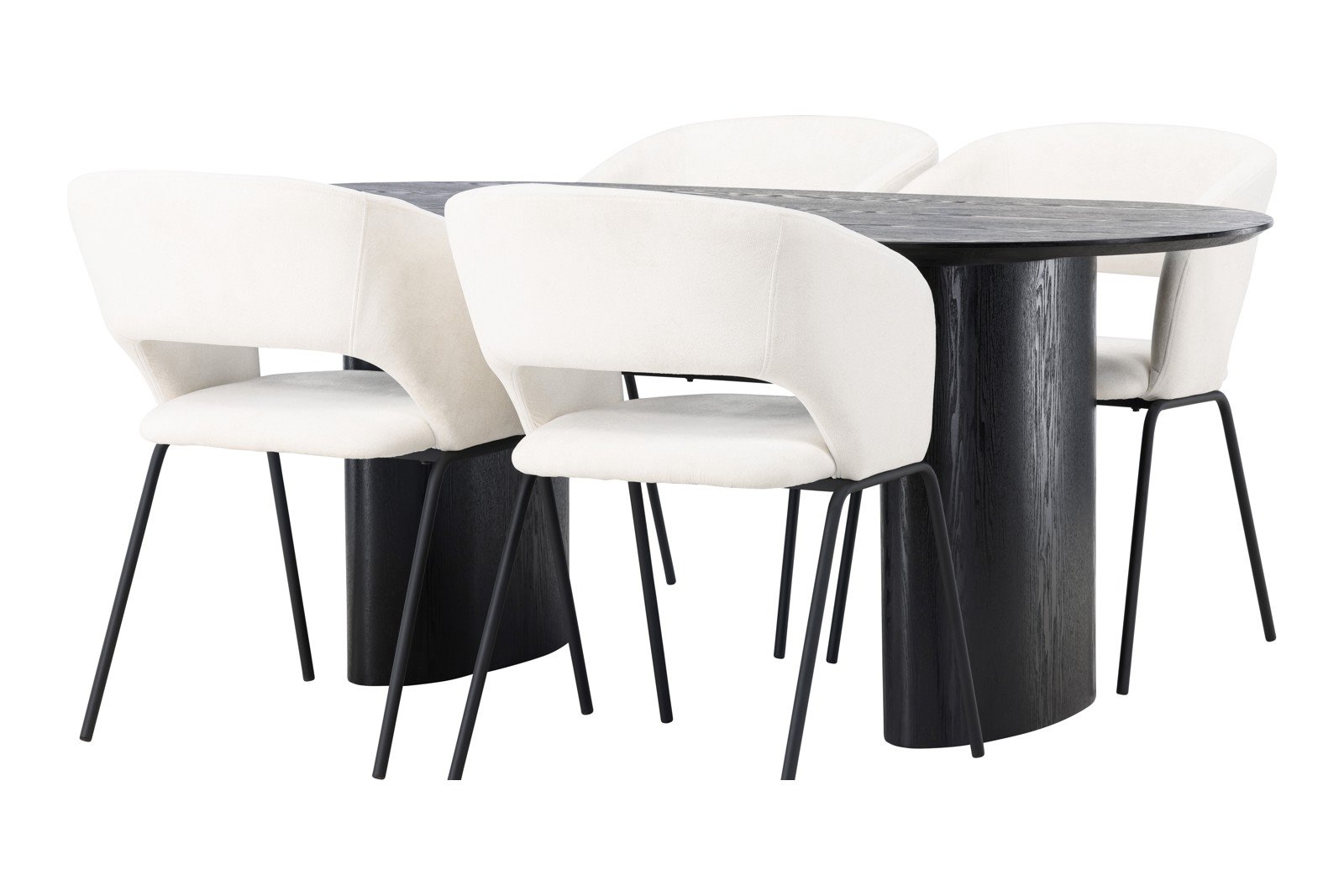 Isolde og Day Spisegruppe Isolde ovalt spisebord i sort med 4 stk. Day spisestoler i White og metal understell.