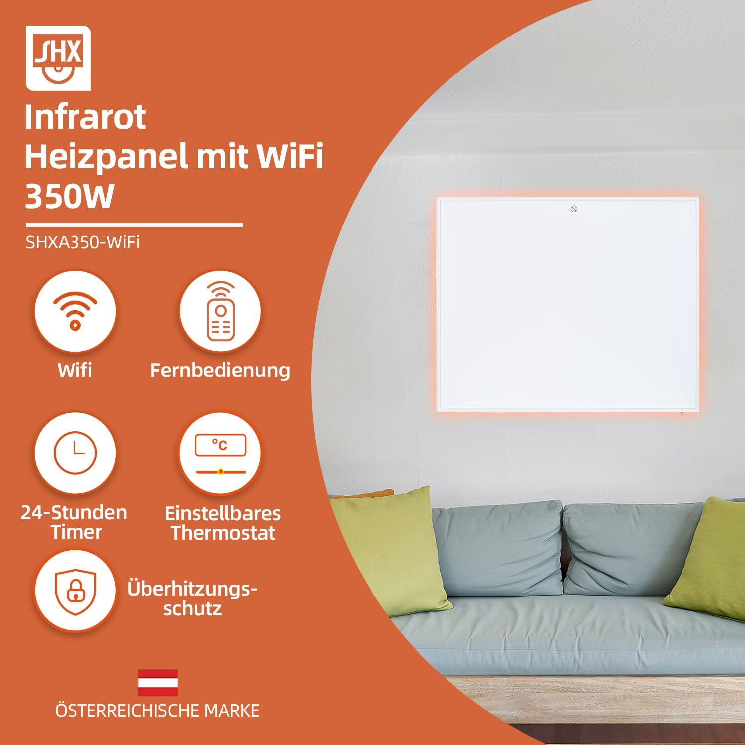 SHX Infrarot-Heizpaneel mit WiFi 350W SHXA350-WiFi – 350 Watt, 4-7m², Wandmontage, WiFi, Fernbedienung, weiß