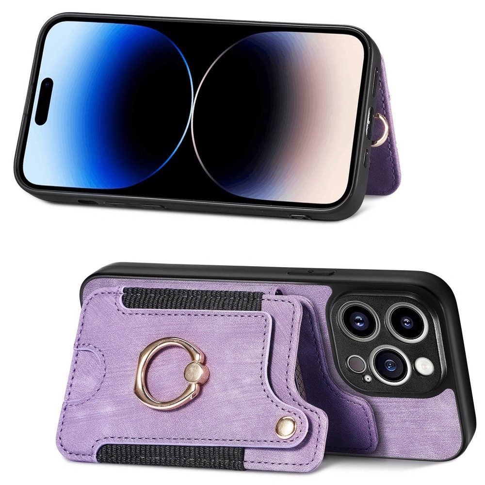 iPhone 14 Pro Necklace Leder Hülle mit Kartenfächer   Finger Griff Halterung   Handykette (RFID Schutz) - Lila