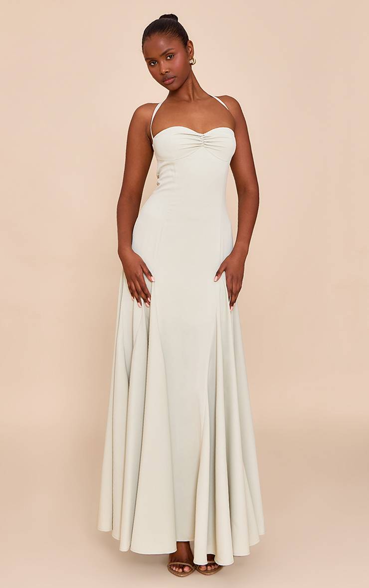 Vert Sauge Robe Longue Tissée À Encolure Américaine Avec Détail Froncé Au Buste