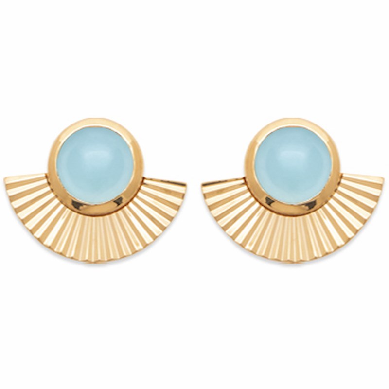 Boucles d'Oreilles Plaqué Or Pierre Precieuse Bleue Agate Cabochon