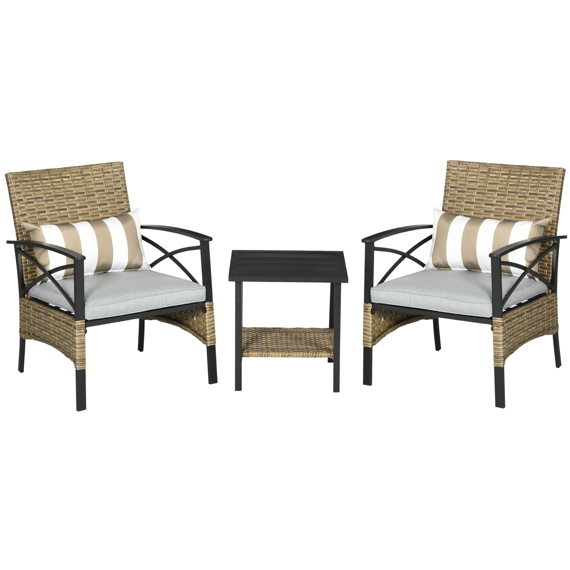 Conjunto de móveis de jardim Outsunny de 3 peças, composto por 2 cadeiras de vime e mesa com 2 almofadas acolchoadas e estrutura de aço para pátio, varanda e uso externo, marrom.