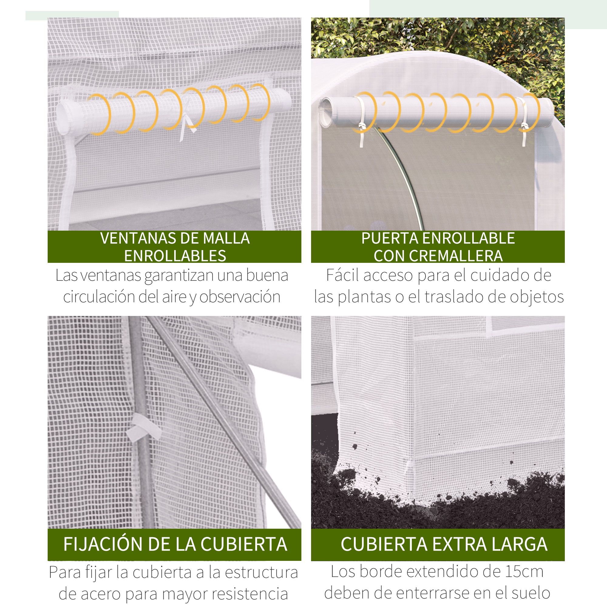 Estufa Túnel Outsunny 245x200x200 cm para Jardim com Porta de Enrolar e Múltiplas Janelas, Cobertura em PE 140 g/m² com Proteção UV, Estrutura Metálica para Cultivo de Plantas e Hortaliças, Branca