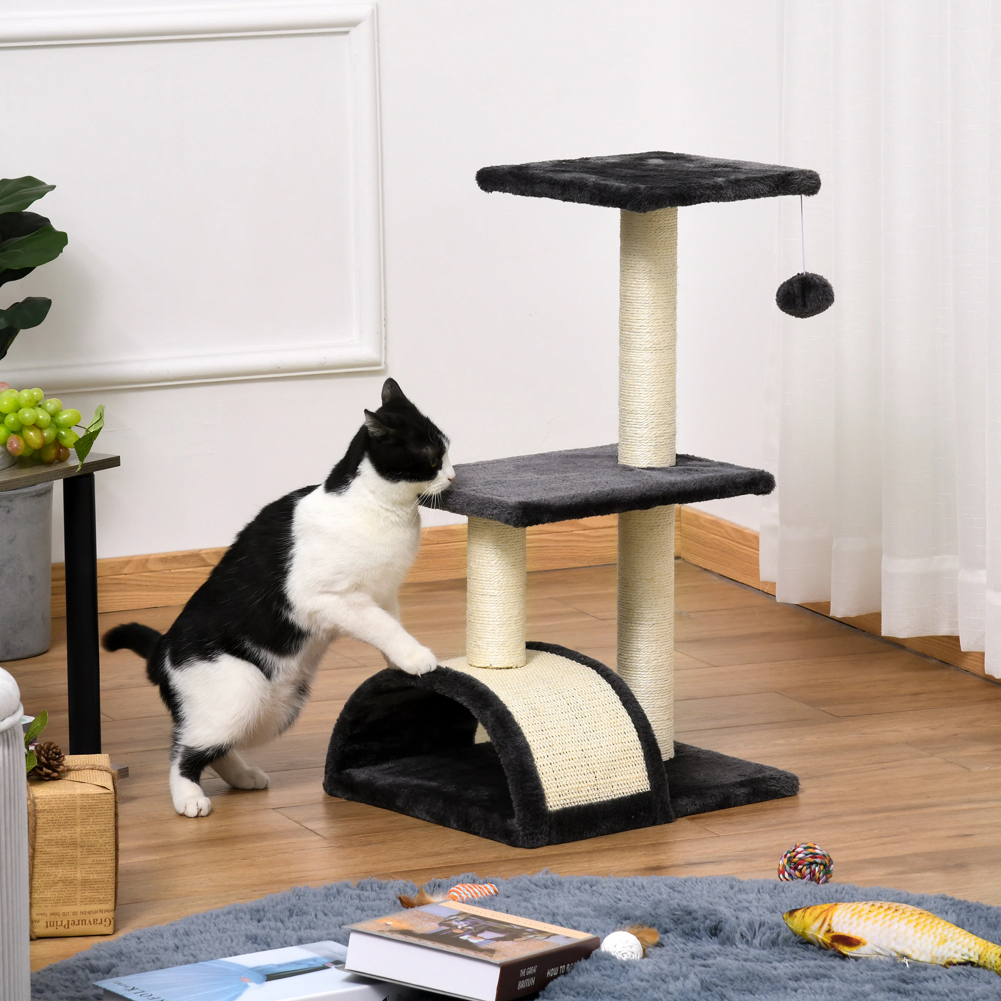 PawHut Katzenbaum mit Kratzbrett dunkelgrau, beige 40 x 35 x 72 cm (LxBxH)