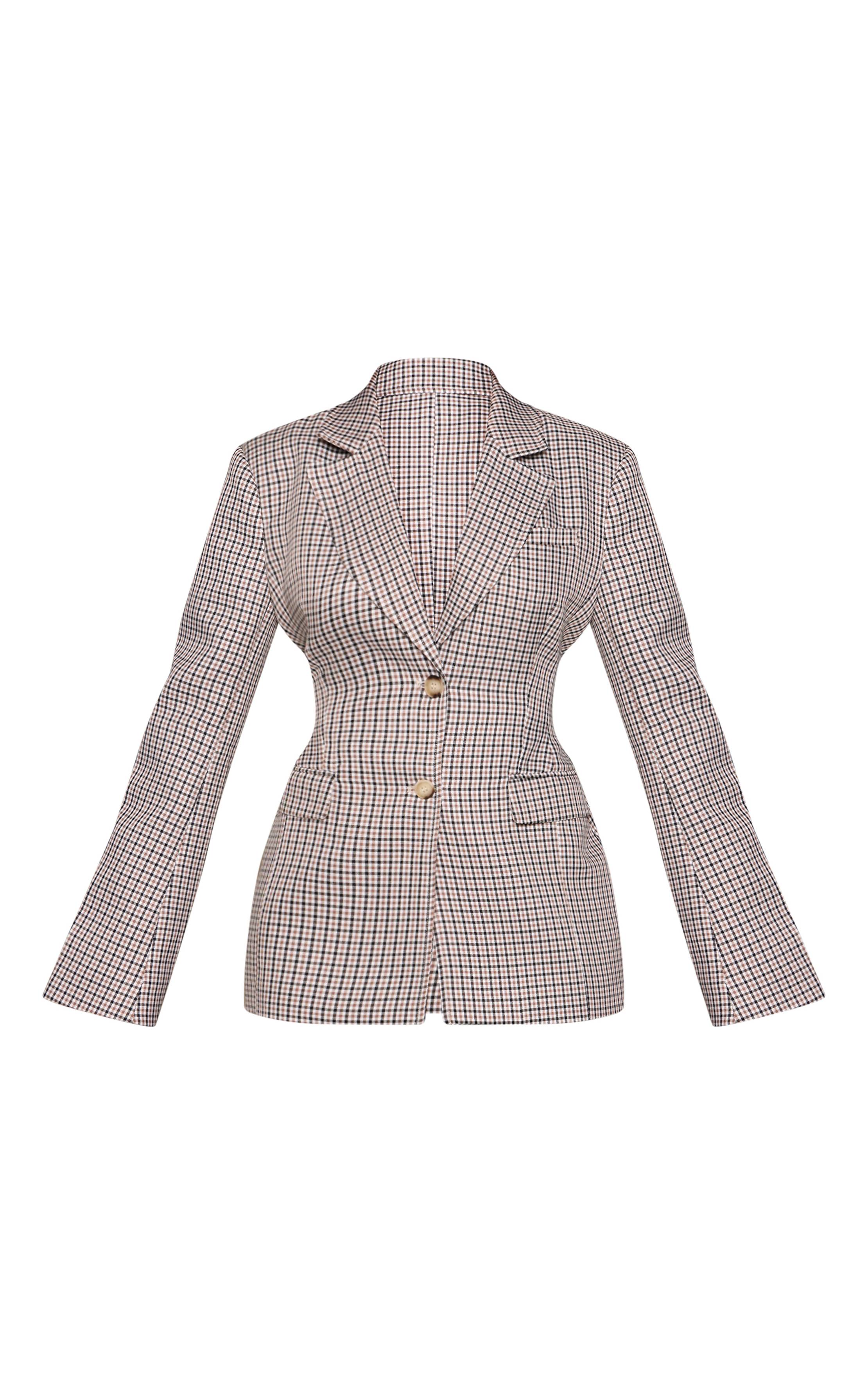 Beige Check Blazer À Carreaux Taille Cintrée Et Hanches Moulantes