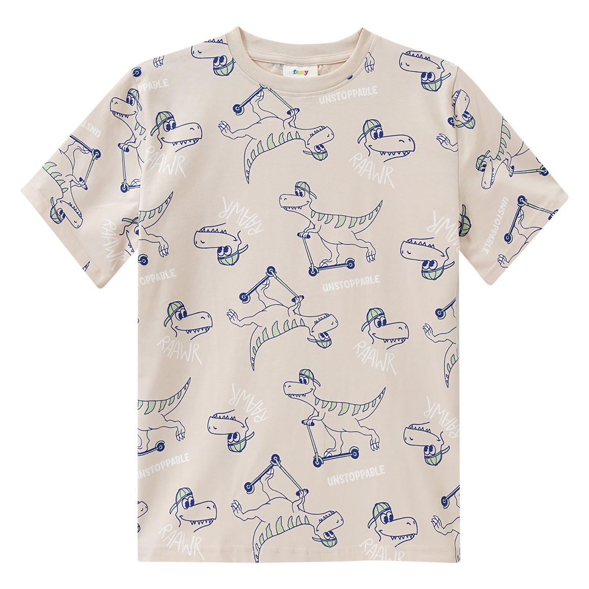 Famy 3 Jungen T-Shirts mit Dino-Prints dunkeltürkis / orange / beige
