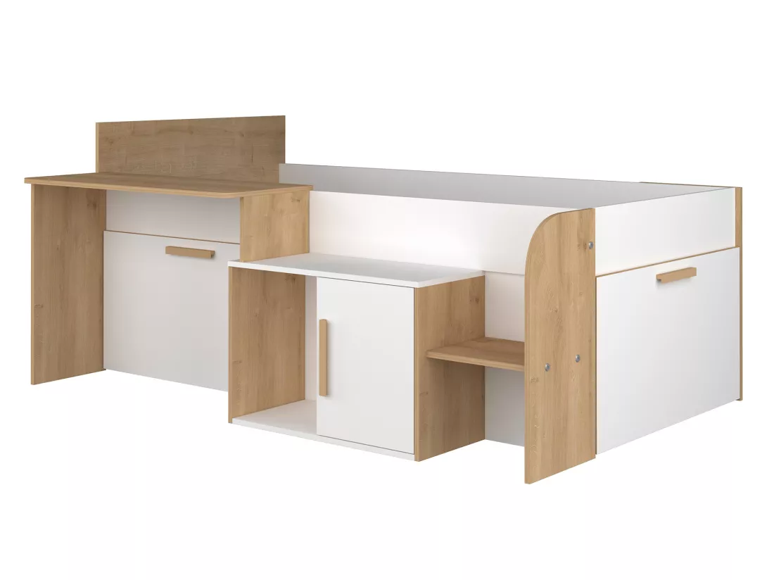 Lit combiné 90 x 200 cm avec bureau et rangements - Coloris : Blanc et naturel + Sommier - PEDRO