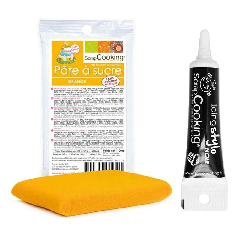 Pâte à sucre orange 100 g + Stylo de glaçage noir Scrapcooking