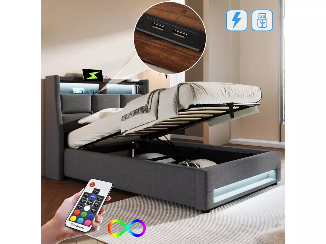 Lit coffre en lin 90x200cm avec LED et ports USB - sommier à lattes - gris