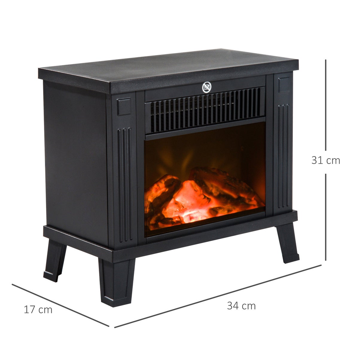 HOMCOM Elektrische haard met vlameffect, vuur, 600/1200W, 34 x 17 x 31 cm, metaal, zwart