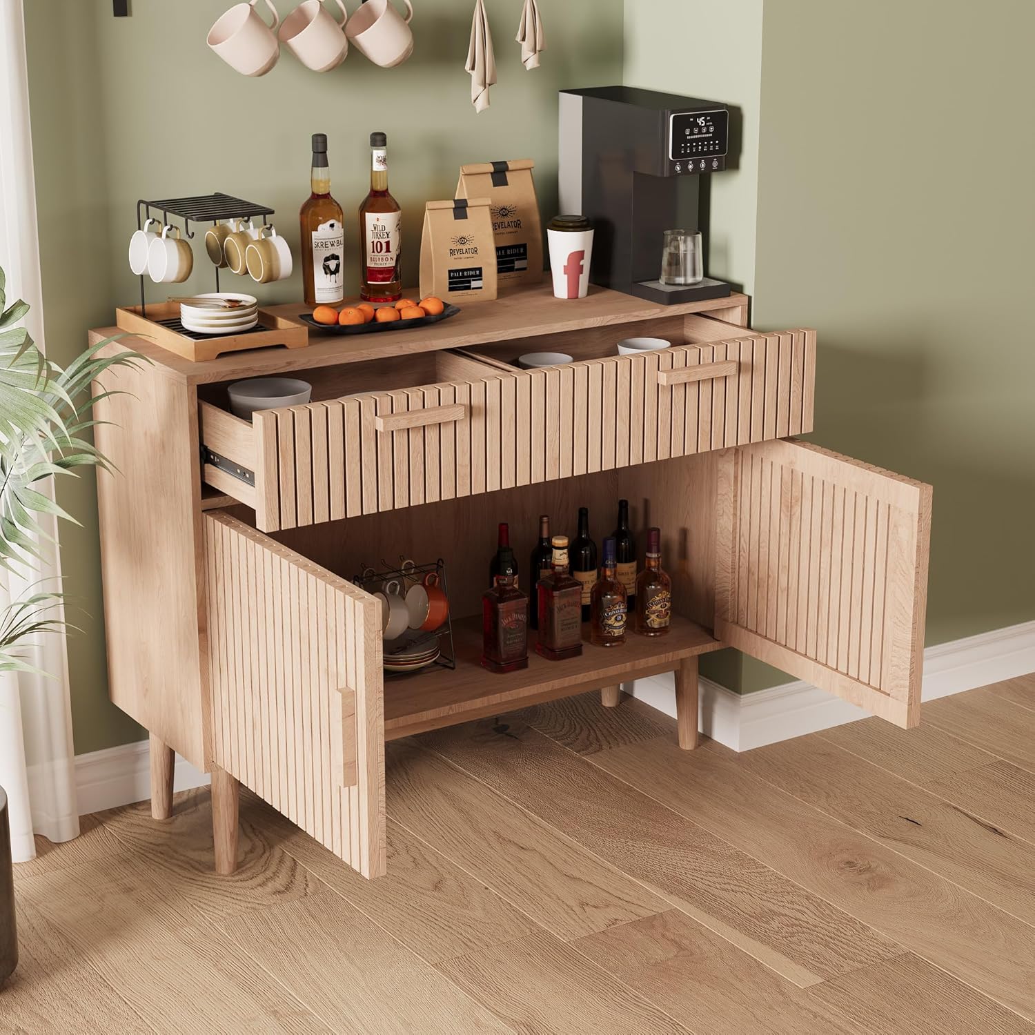 Rattan Sideboard Kommode mit 2 Schublanden und 2 Türen,100x35x80 cm Küchenschrank, Aufbewahrungskommode, Rattan Sideboard Schrank Beistellschrank, kommode Schmal, Modern Schrank für Wohnzimmer