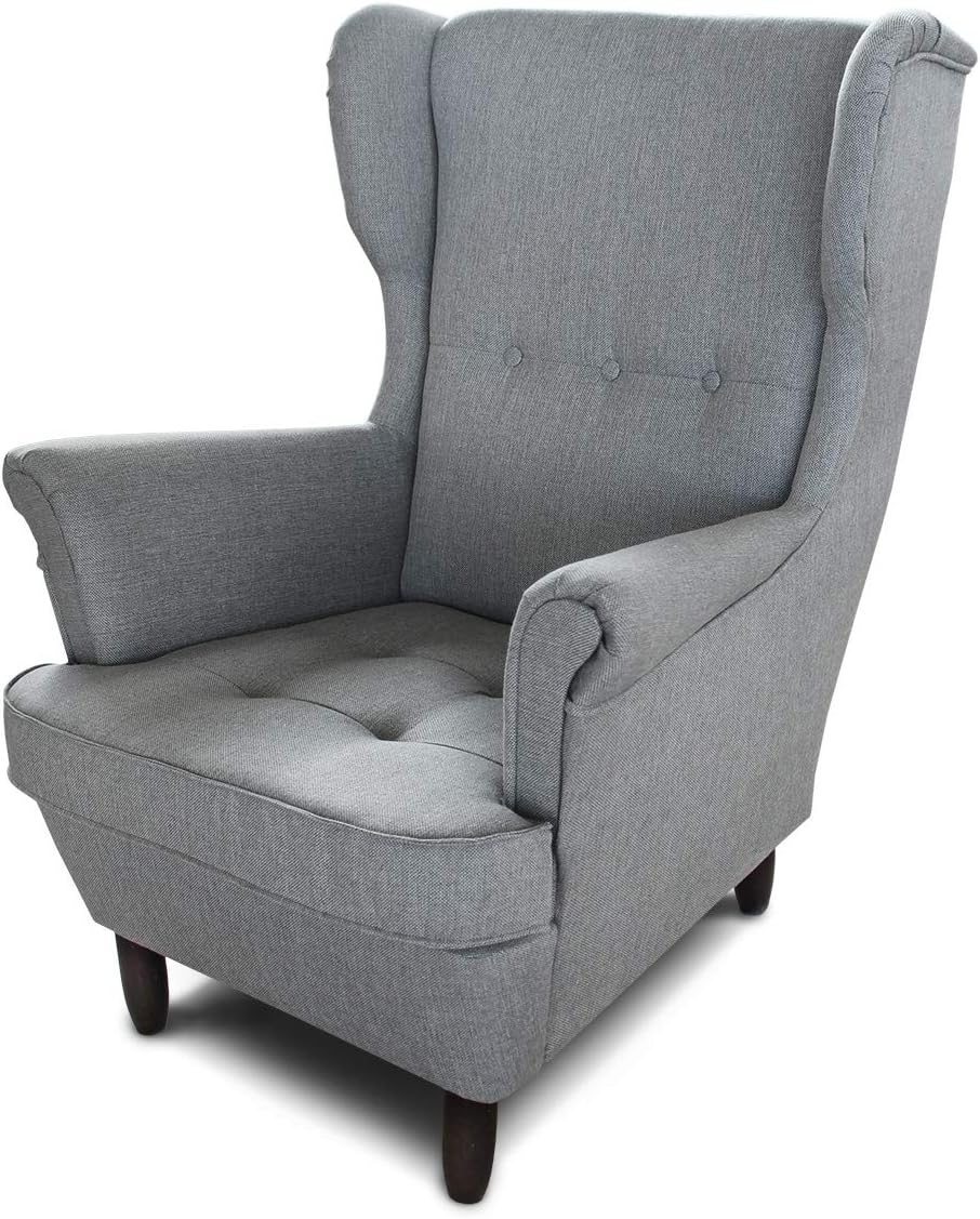 Sofnet Ohrensessel Sessel King - Lounge Sessel mit Armlehnen - Retro Stuhl aus Stoff mit Holz Füßen - Polsterstuhl für Esszimmer & Wohnzimmer (Grau (Inari 91), ohne Hocker)