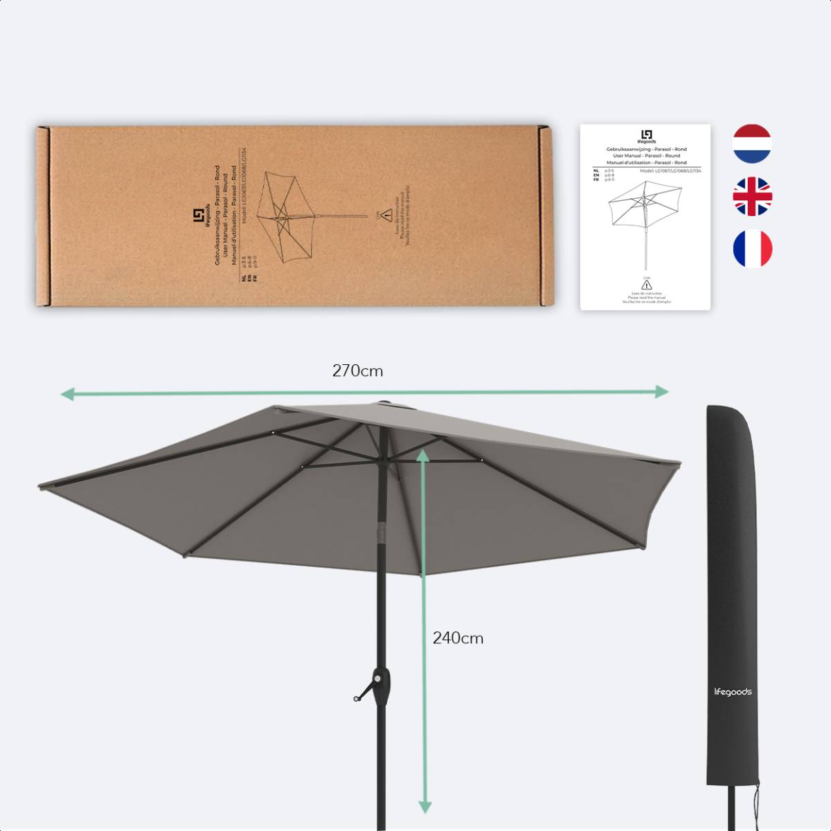 LifeGoods 270 cm parasol met hoes - Taupe