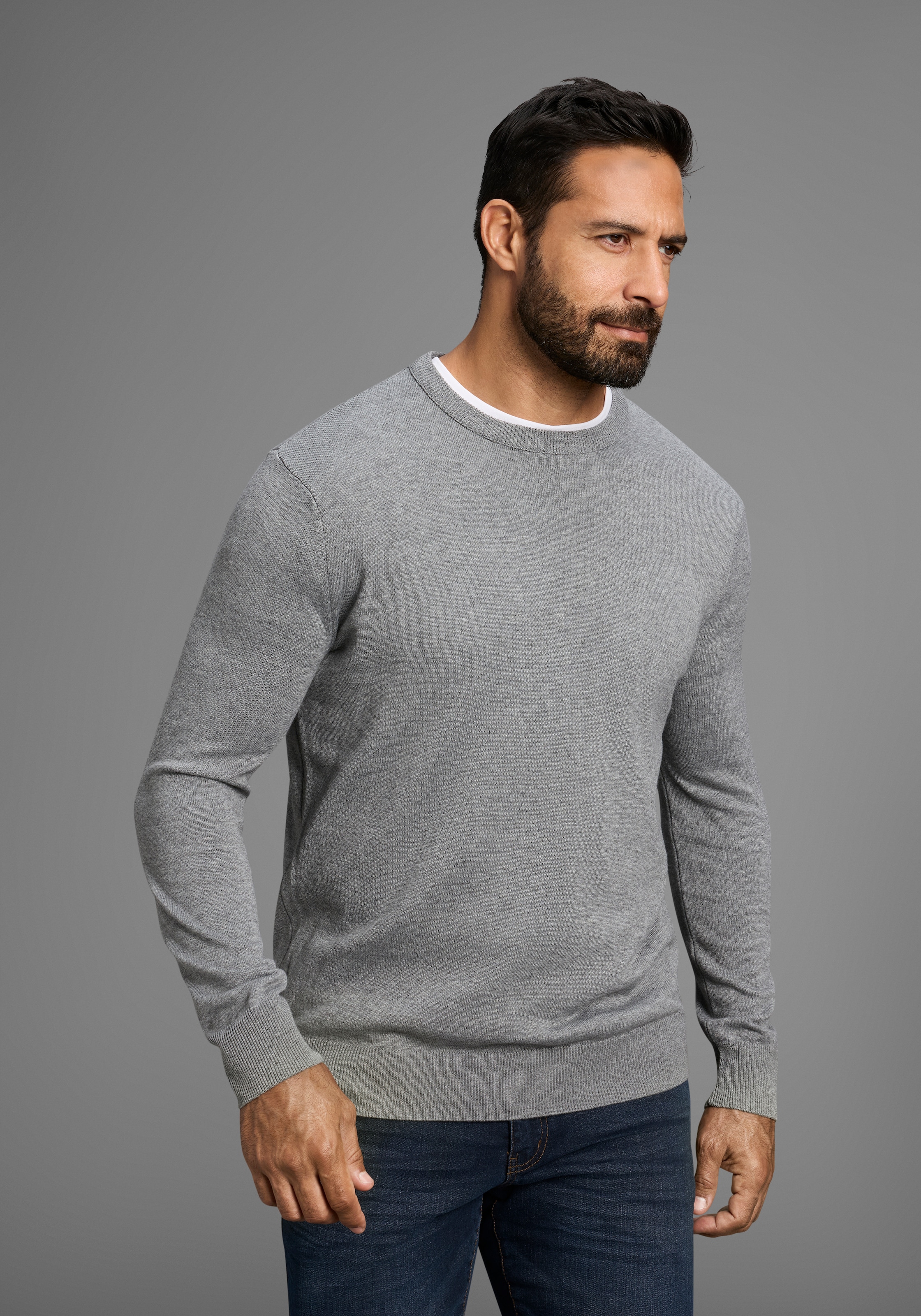 Man's World Rundhalspullover »Neue Kollektion! DP Grau & Schwarz«, in Feinstrick, ideal für die Übergangszeit, Basic Style
