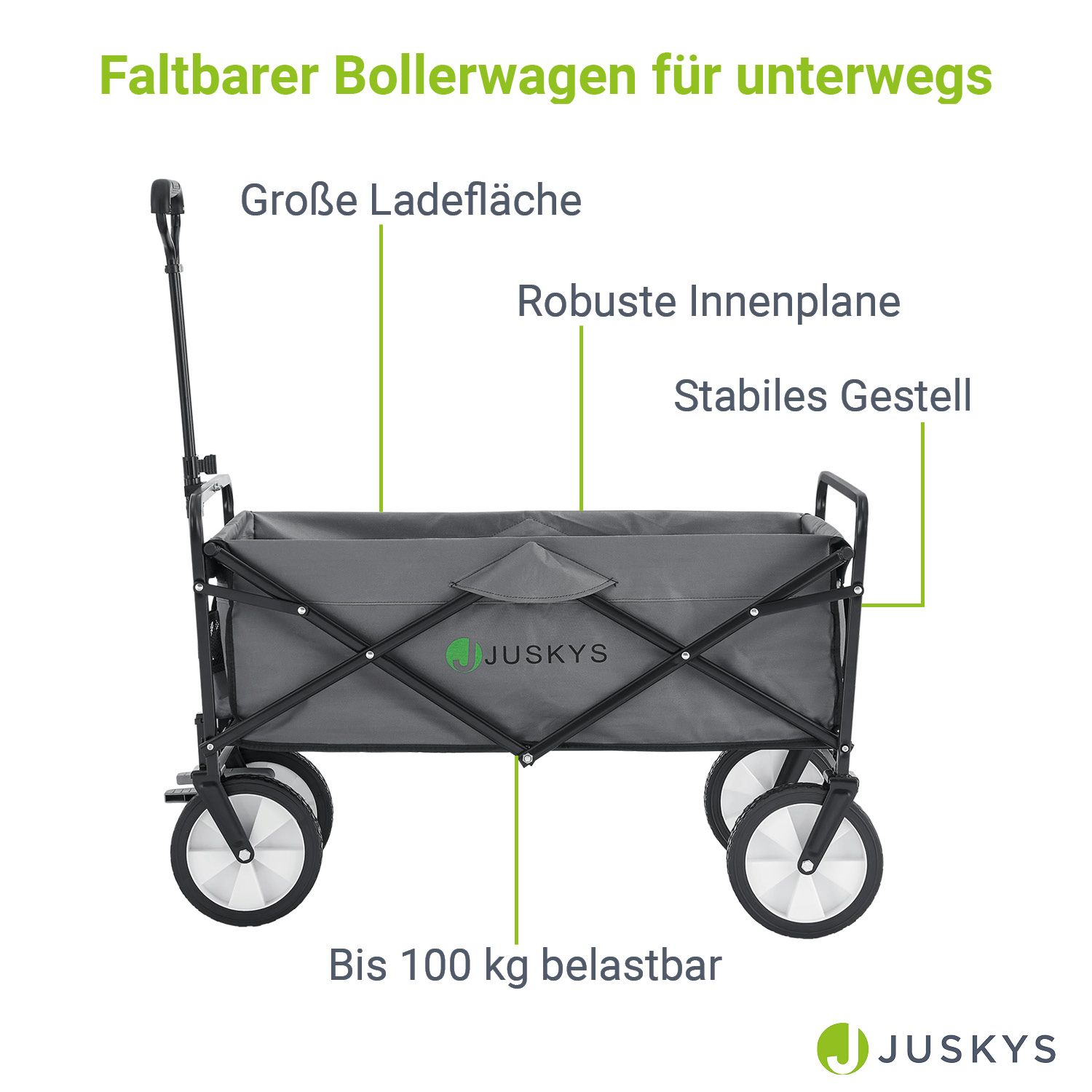 Juskys Bollerwagen 100 kg Tragkraft - Transportwagen faltbar - Einkaufen & Camping - Dunkelgrau