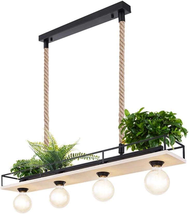 Hängelampe Holzleuchte Deckenleuchte Wohnzimmer Pendelleuchte mit Hanfseil, Metallrahmen mit Ablage schwarz, 4x E27, LxH 95x120 cm