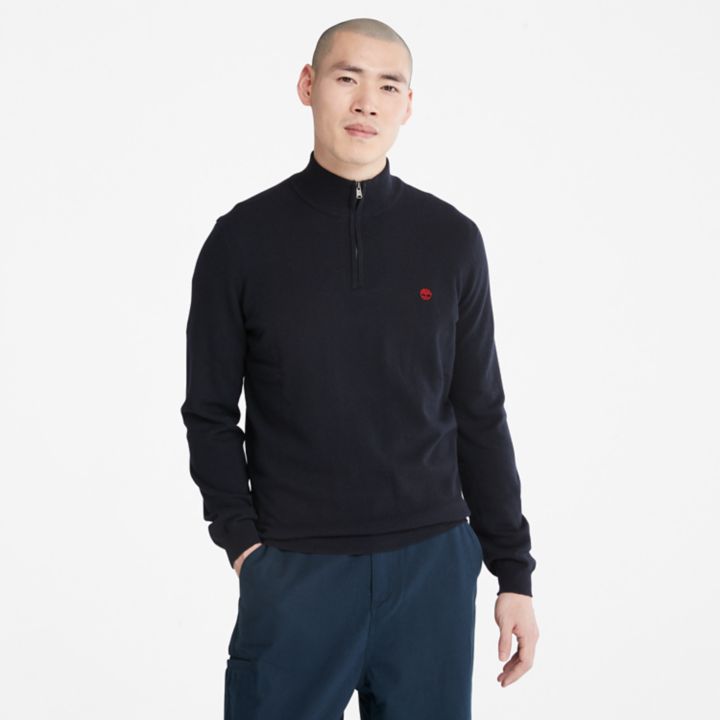 Suéter masculino Cohas Brook com zíper no pescoço, na cor azul marinho.