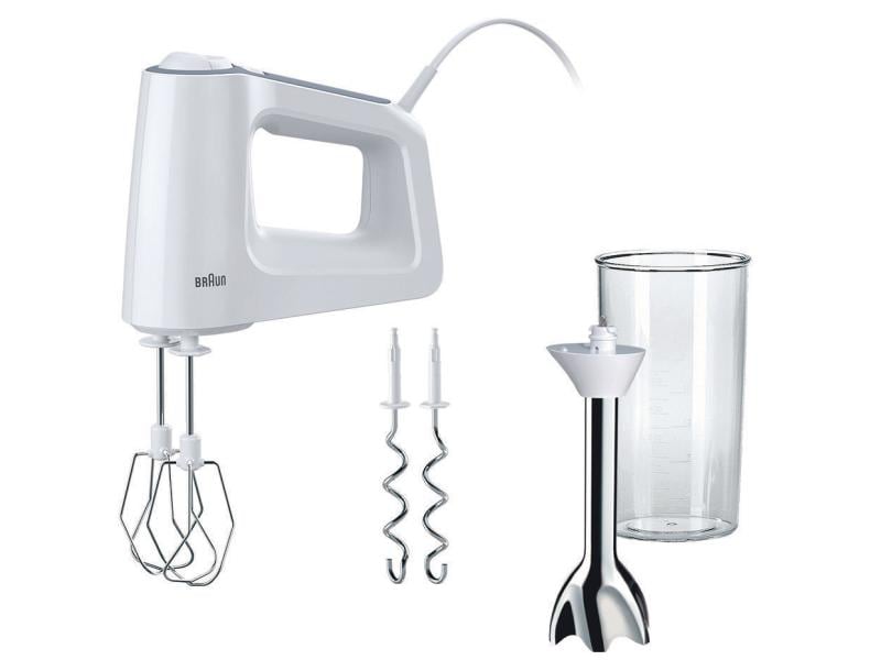 Braun Handmixer MultiMix 3 HM3107WH Weiss Handmixer mit Knethaken, Mixbecher und Pürierstab