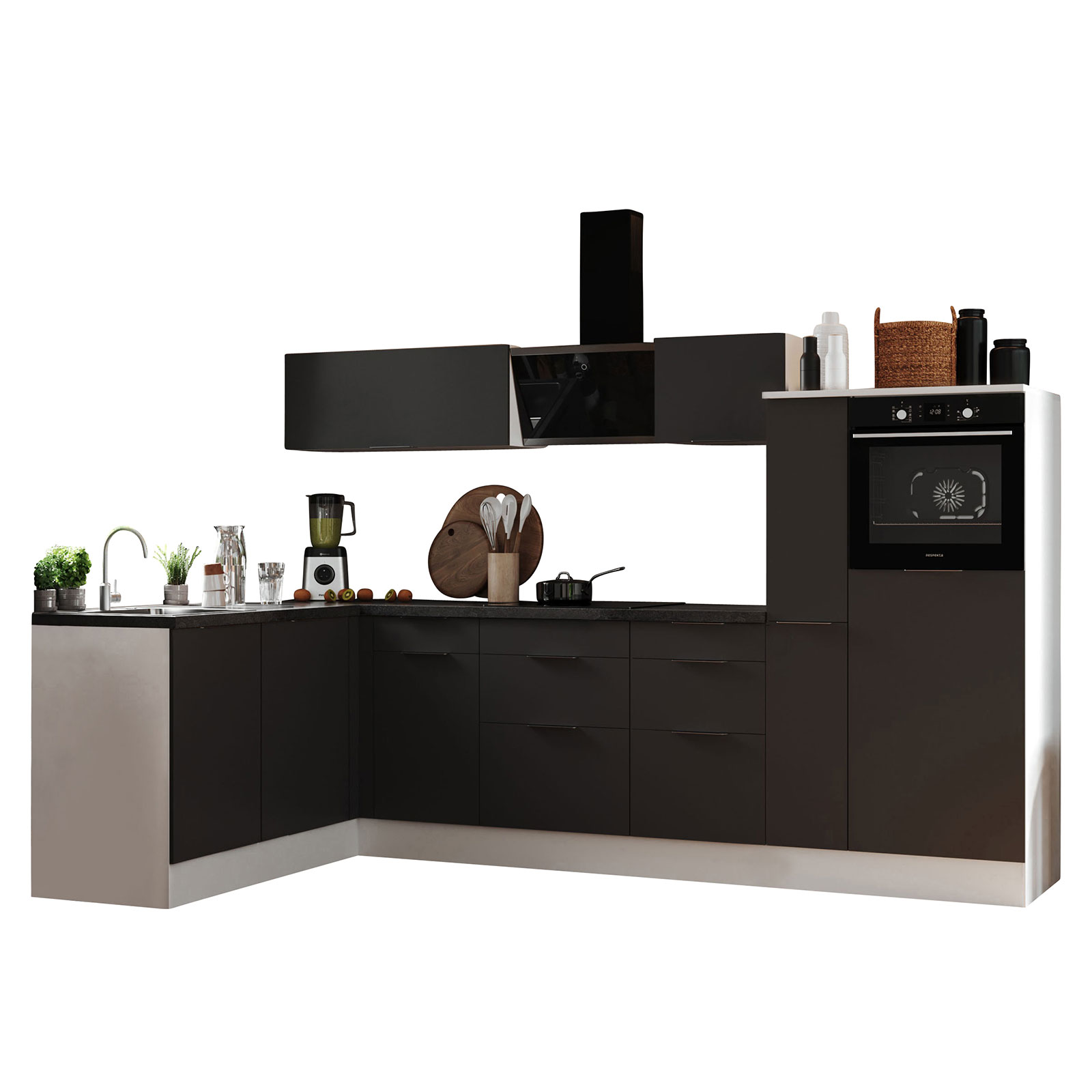 RESPEKTA Winkelküche - grau matt - weiß matt - mit E-Geräten - 310x175 cm