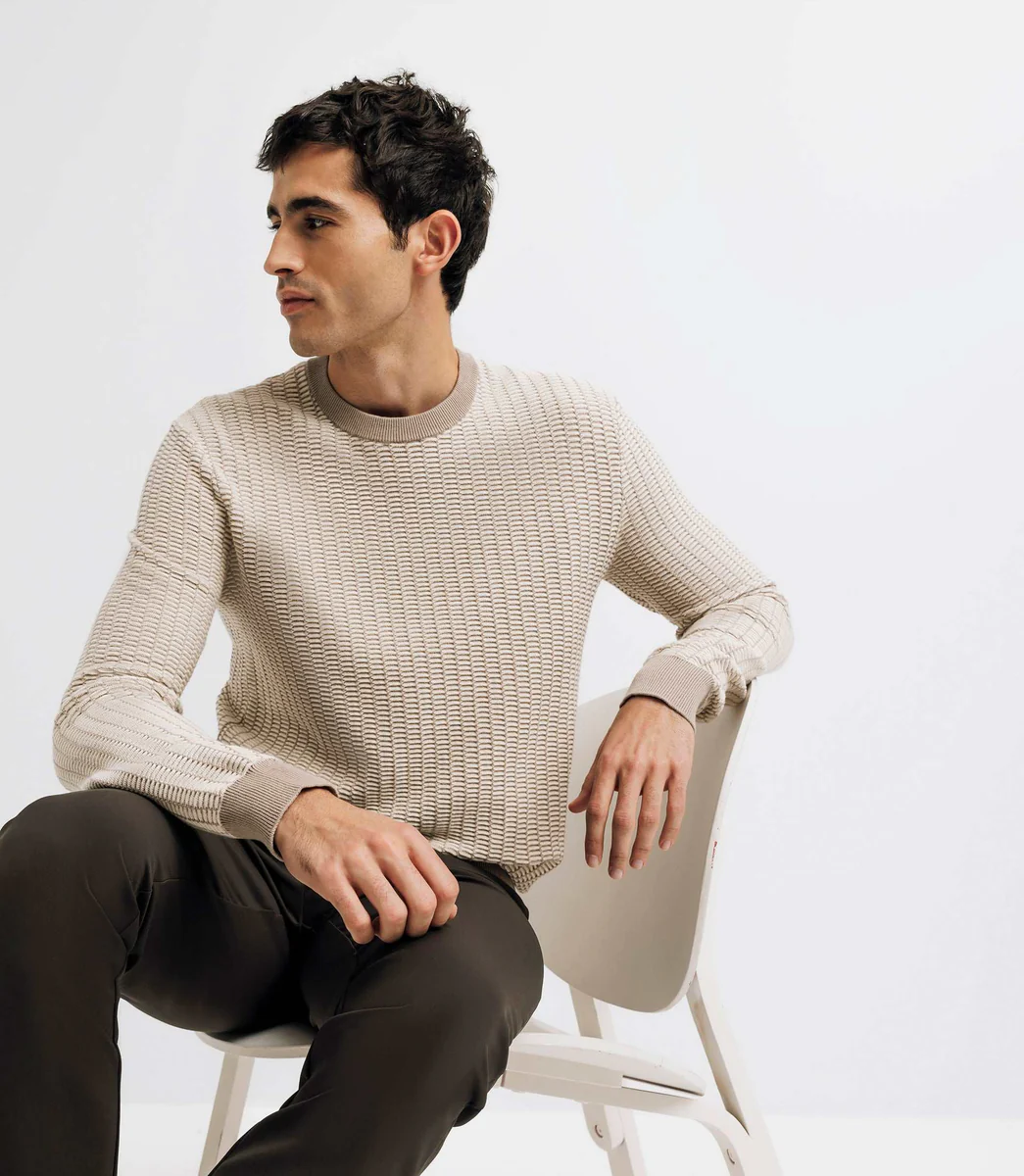 Pull col rond bicolore beige