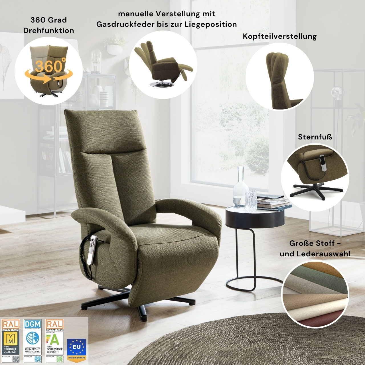 sit&more TV-Sessel »Emely, inkl. Kopfteilverstellung & 360° Drehfunktion« wahlweise mit 2 Motoren, Akku & Aufstehhilfe