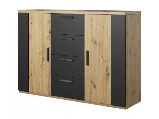 Chambre à coucher complète FOX : Armoire 200cm, Lit 160x200, commode, chevets. Couleur chêne clair et noir