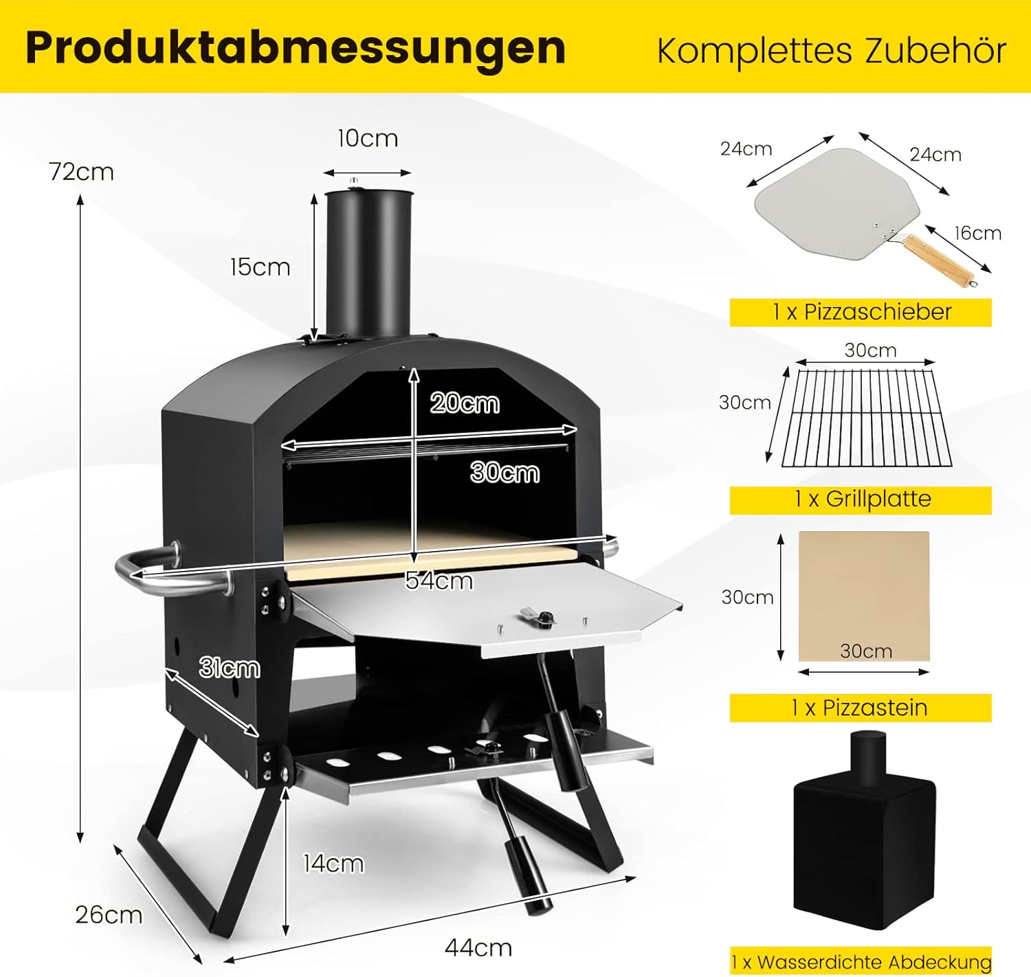 COSTWAY Outdoor Pizzaofen, 2-lagigem Pizza Ofen mit Grillrost, Pizzastein, Pizzaschaufel, wasserdichter Abdeckung, hitzebeständigen Griffen & klappbaren Beinen, für Picknick, Camping, Party