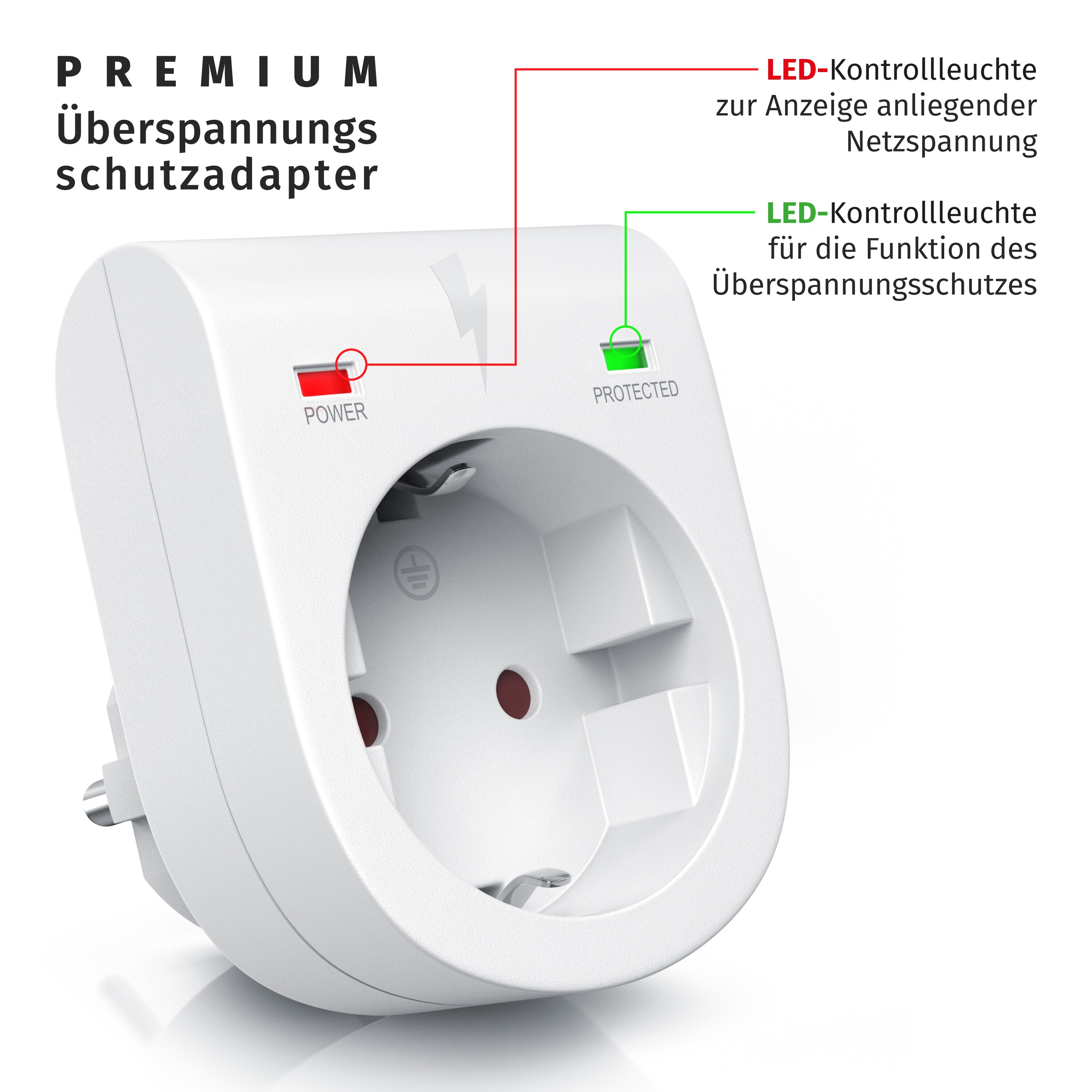 Arendo Schutzkontakt Überspannungsschutzadapter LED-Anzeige / Kindersicherung / bis 3500W