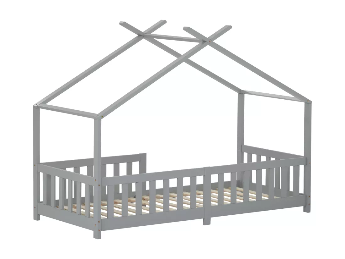 Lit cabane lit enfant 90x200cm en bois massif avec protection antichute et sommier à lattes - Gris