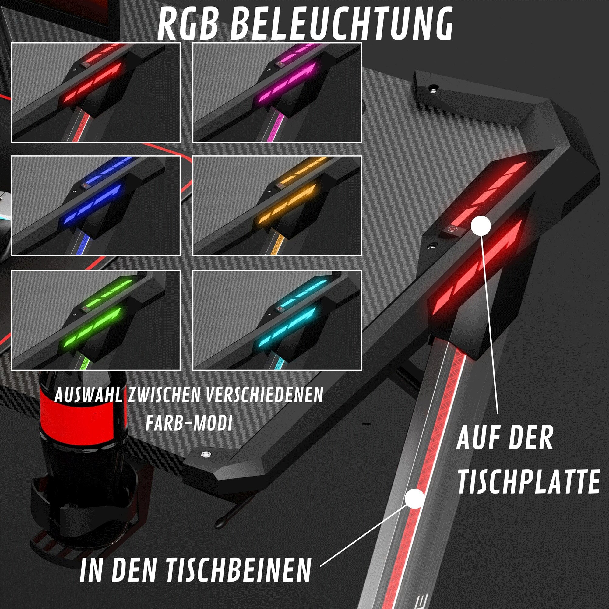 EXCAPE Gaming Tisch Z12 ULTRA mit LED/RGB Beleuchtung 120cm Breit, Carbon-Optik, Schreibtisch Gaming, Gamingtisch Getränkehalter, Kopfhörerhalter, PC Tisch Gamer, Tischplatten / 120cm x 60xm