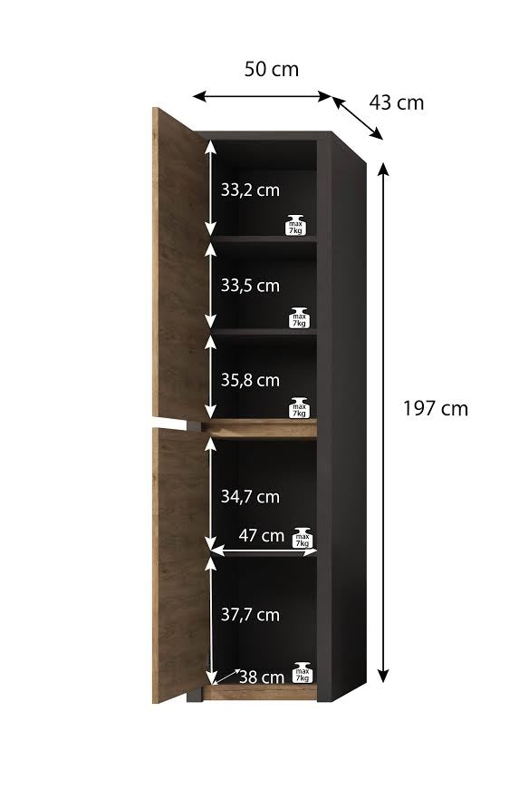 Monaco - Opbergkast met 2 deuren - Eiken/grijs - 50x43x197 cm